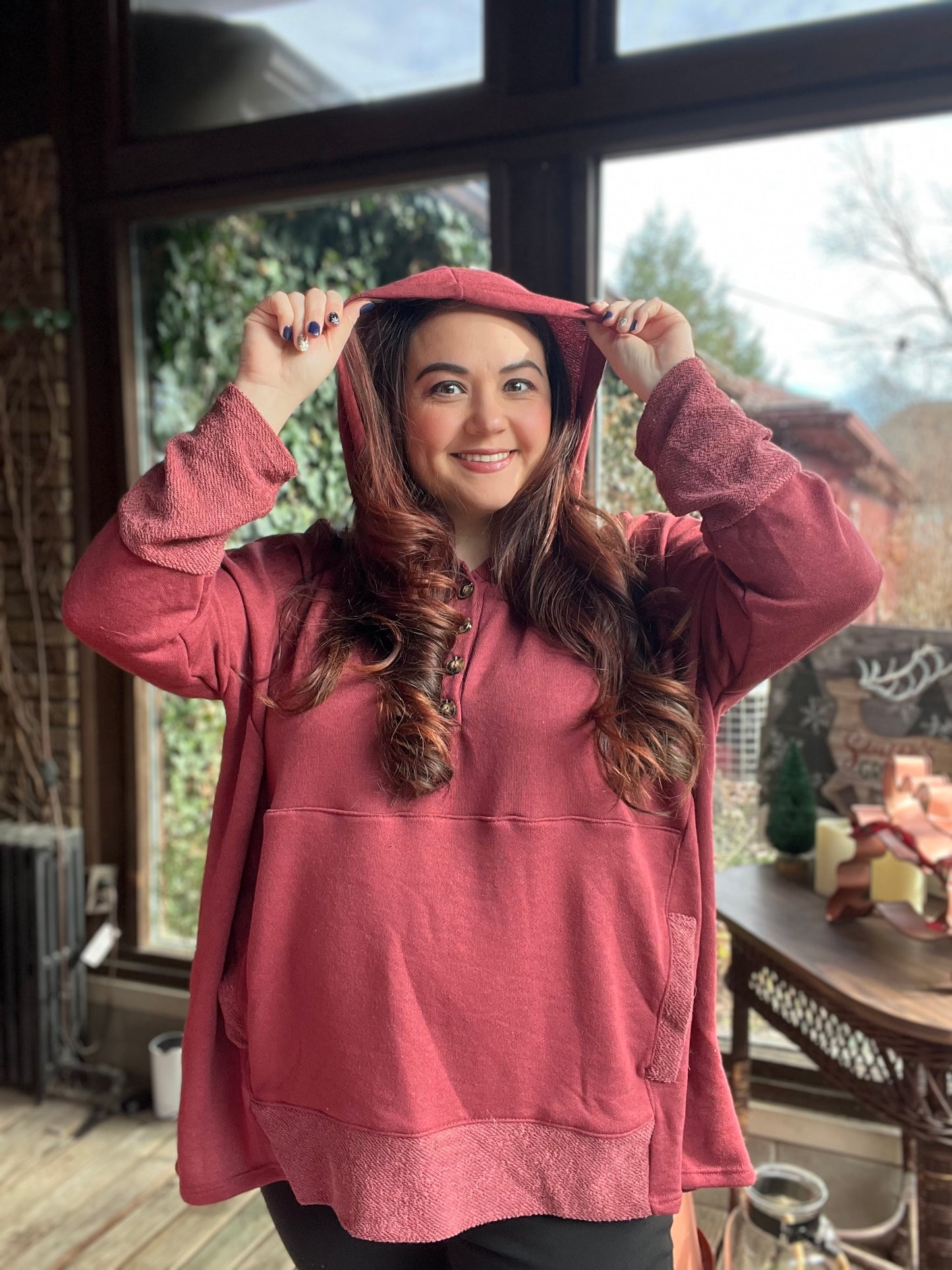 “Ruby Kangaroo” Hooded Blouse