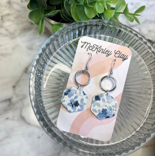 Blue Floral with Silver Circle Earrings