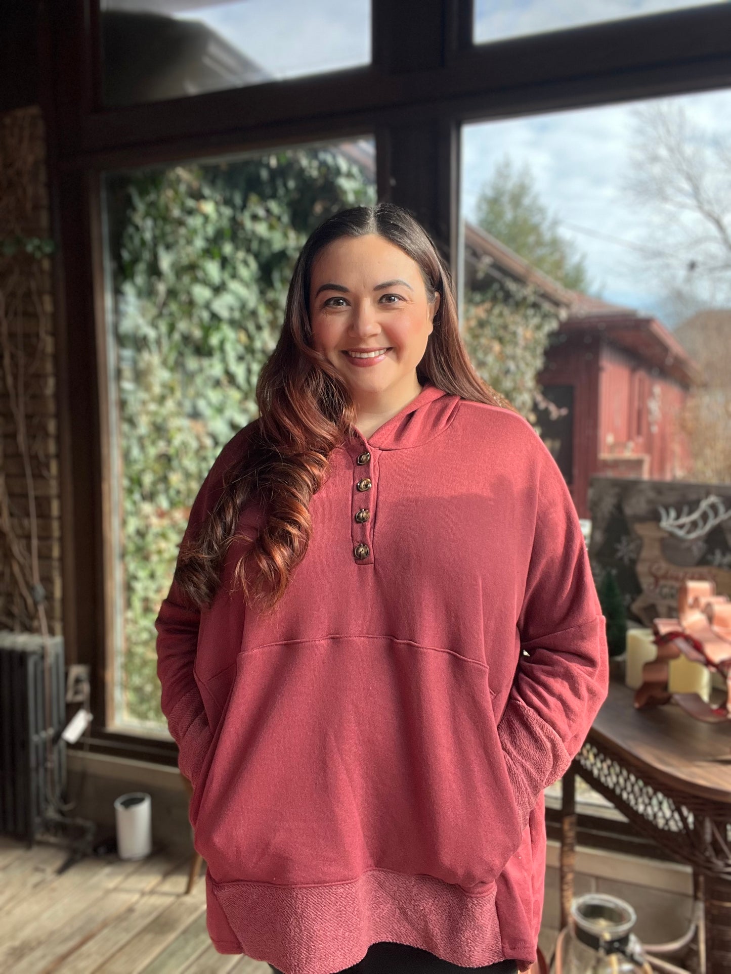 “Ruby Kangaroo” Hooded Blouse