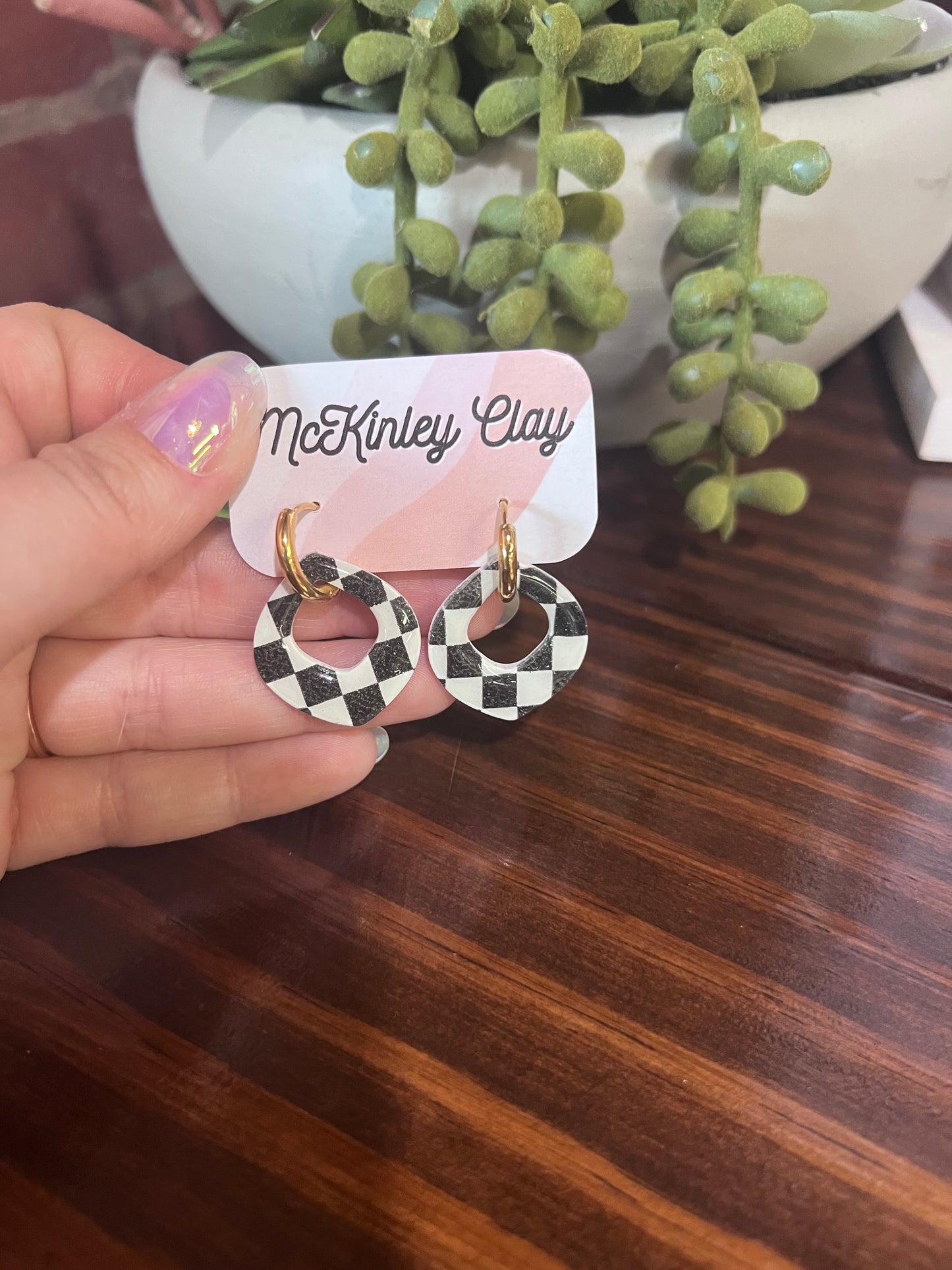 Checkered Earrings with Gold Hoops