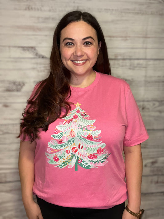 Pink Watercolor Christmas Tree Graphic Tee