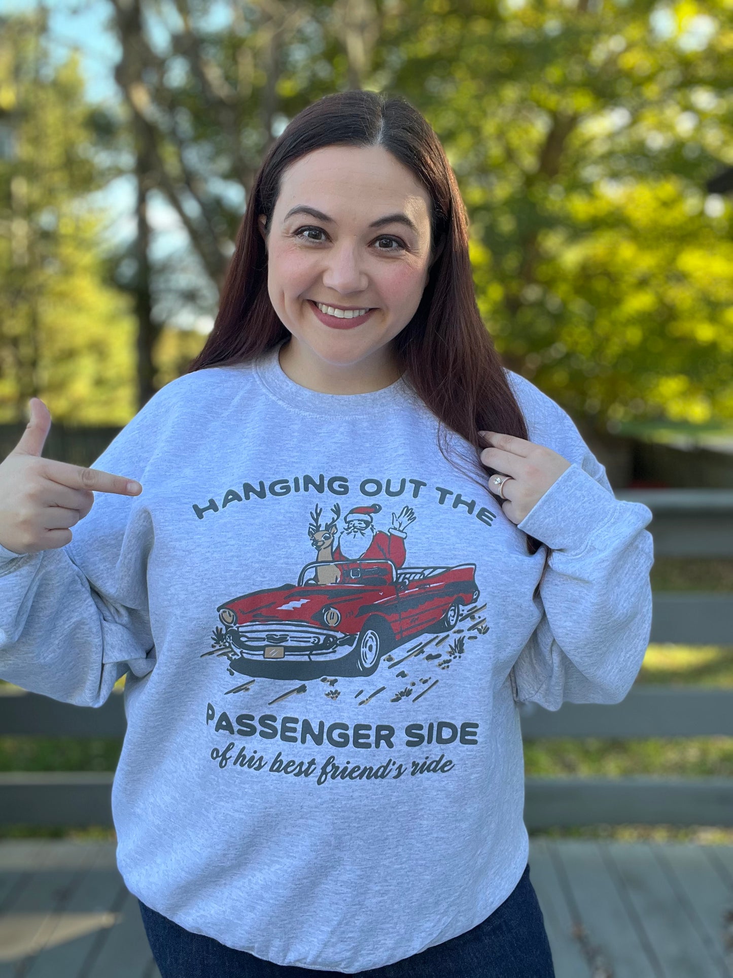“Hanging Out of the Passenger Side” Graphic Christmas Sweatshirt