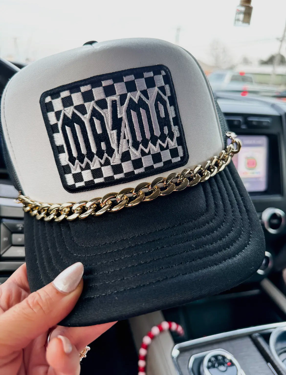 “Mama” Checkered Trucker Hat with Chain