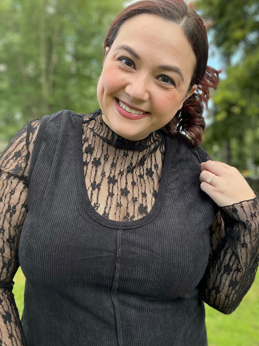 Black Sheer Floral Lace Long Sleeve Slim Fit Top