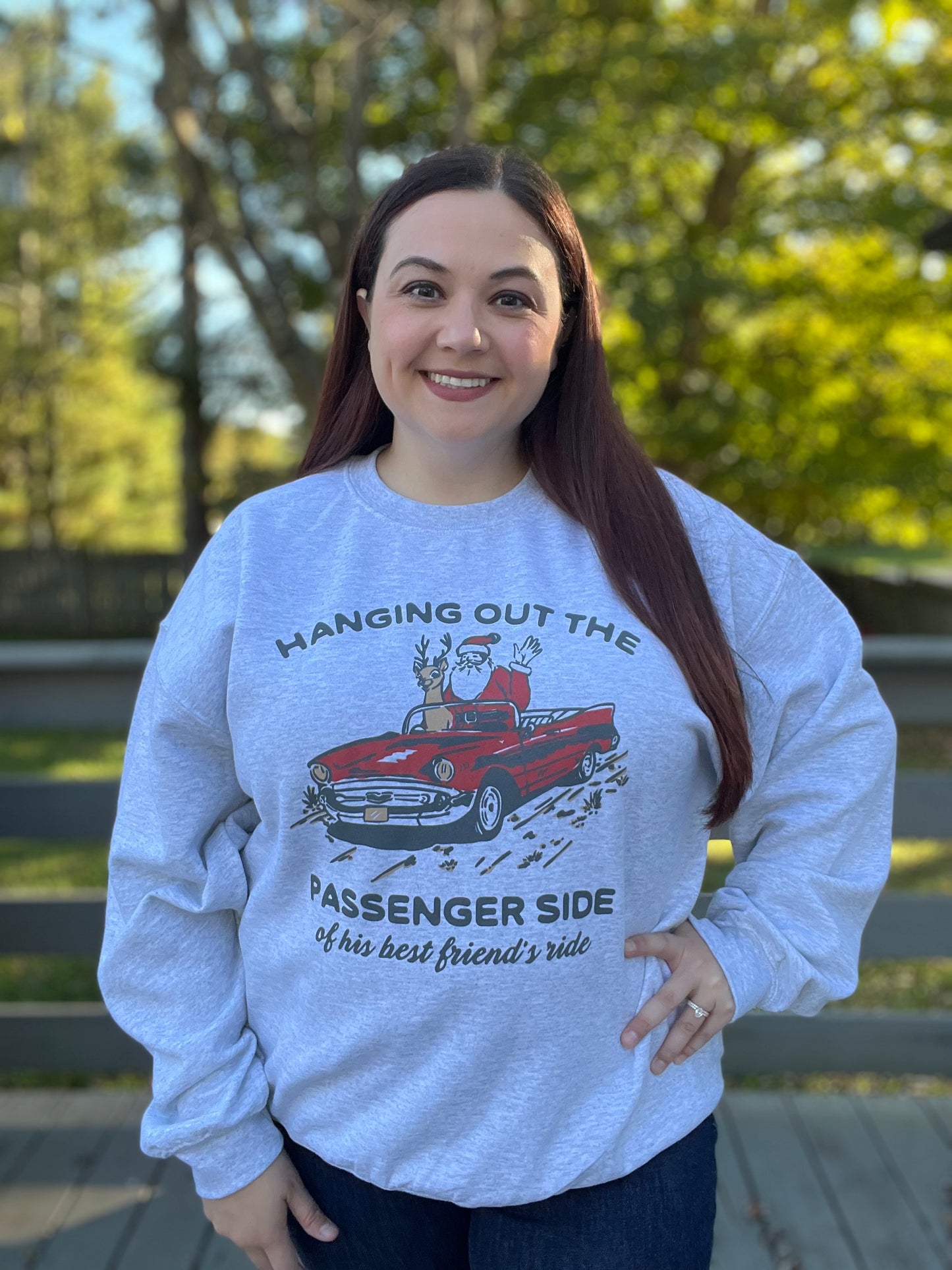 “Hanging Out of the Passenger Side” Graphic Christmas Sweatshirt