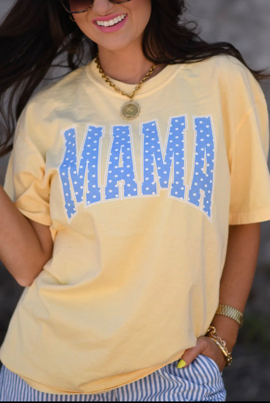 “Mama” Blue Polka Dot Tee