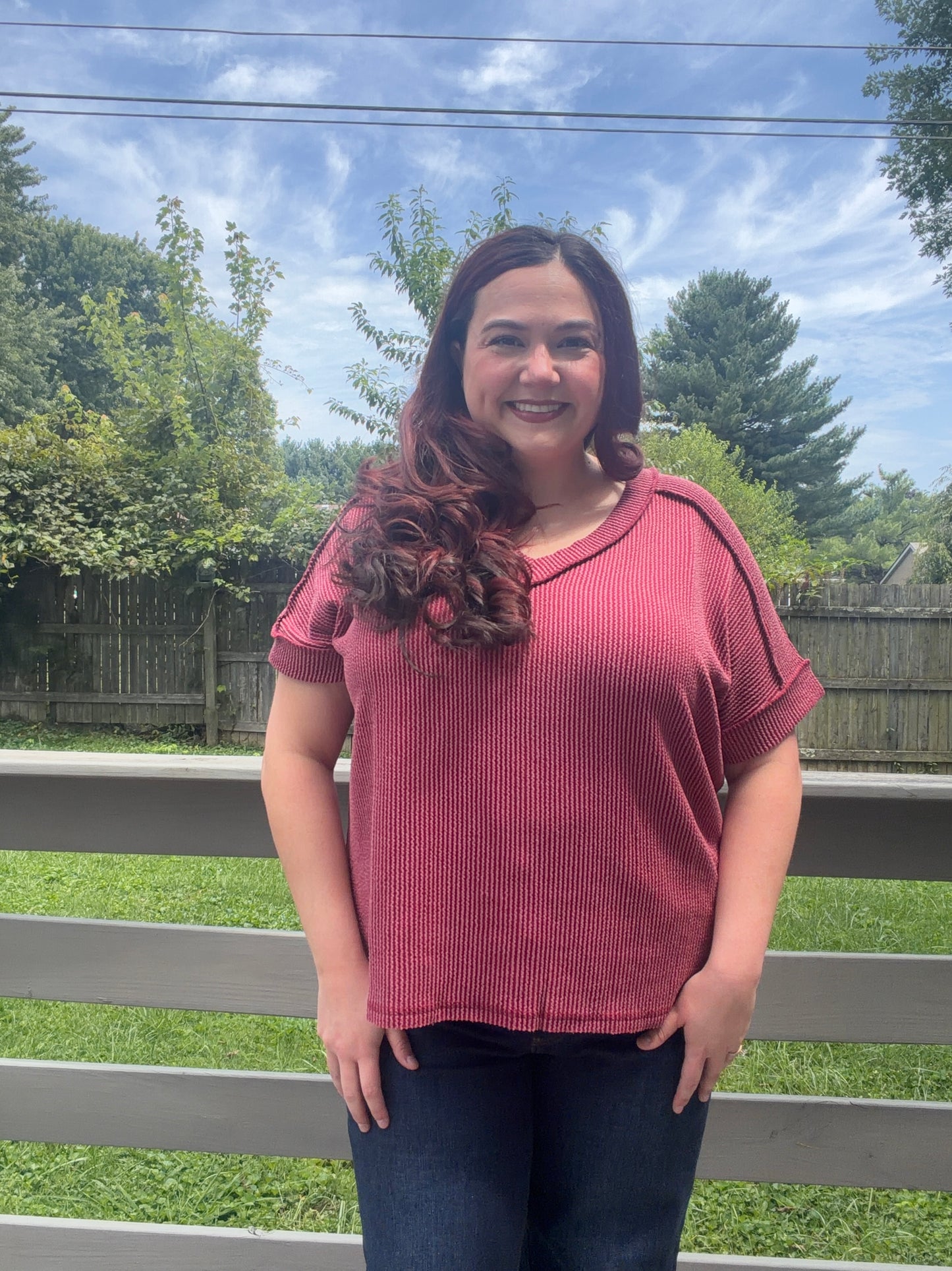 “Fall Cherry Basic” V-Neck Top