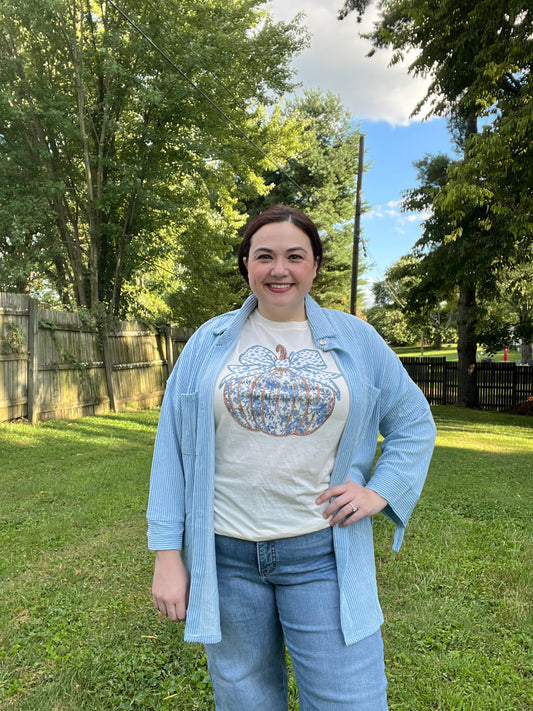 Sky Blue Roll Tab Sleeve Ribbed Cording Shacket