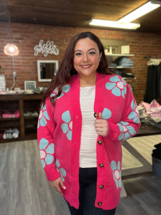 Strawberry Pink Floral Print Button up Knitted Cardigan
