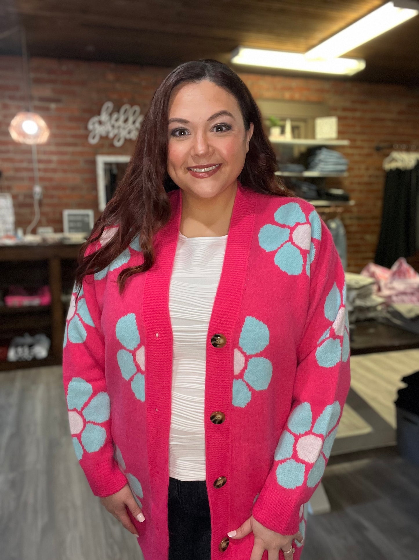 Strawberry Pink Floral Print Button up Knitted Cardigan