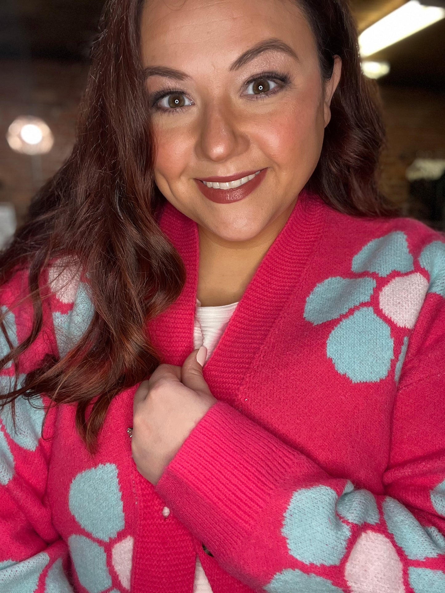 Strawberry Pink Floral Print Button up Knitted Cardigan