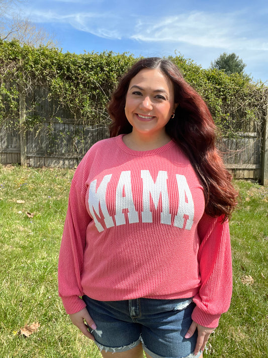 “Mama” Coral Ribbed Long Sleeve Top