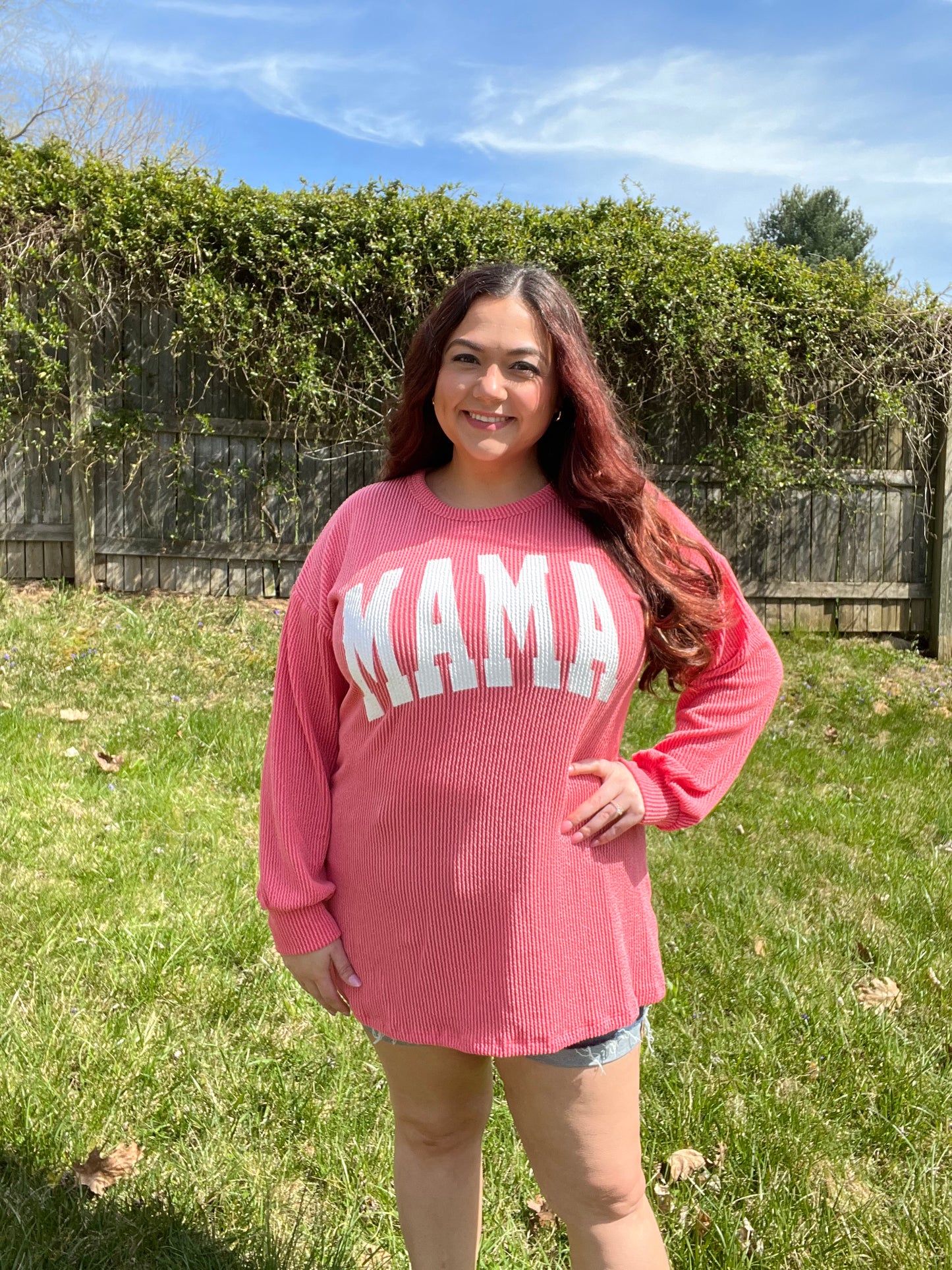 “Mama” Coral Ribbed Long Sleeve Top