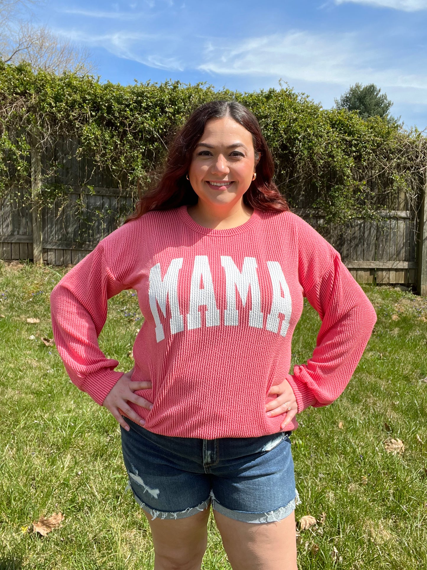 “Mama” Coral Ribbed Long Sleeve Top