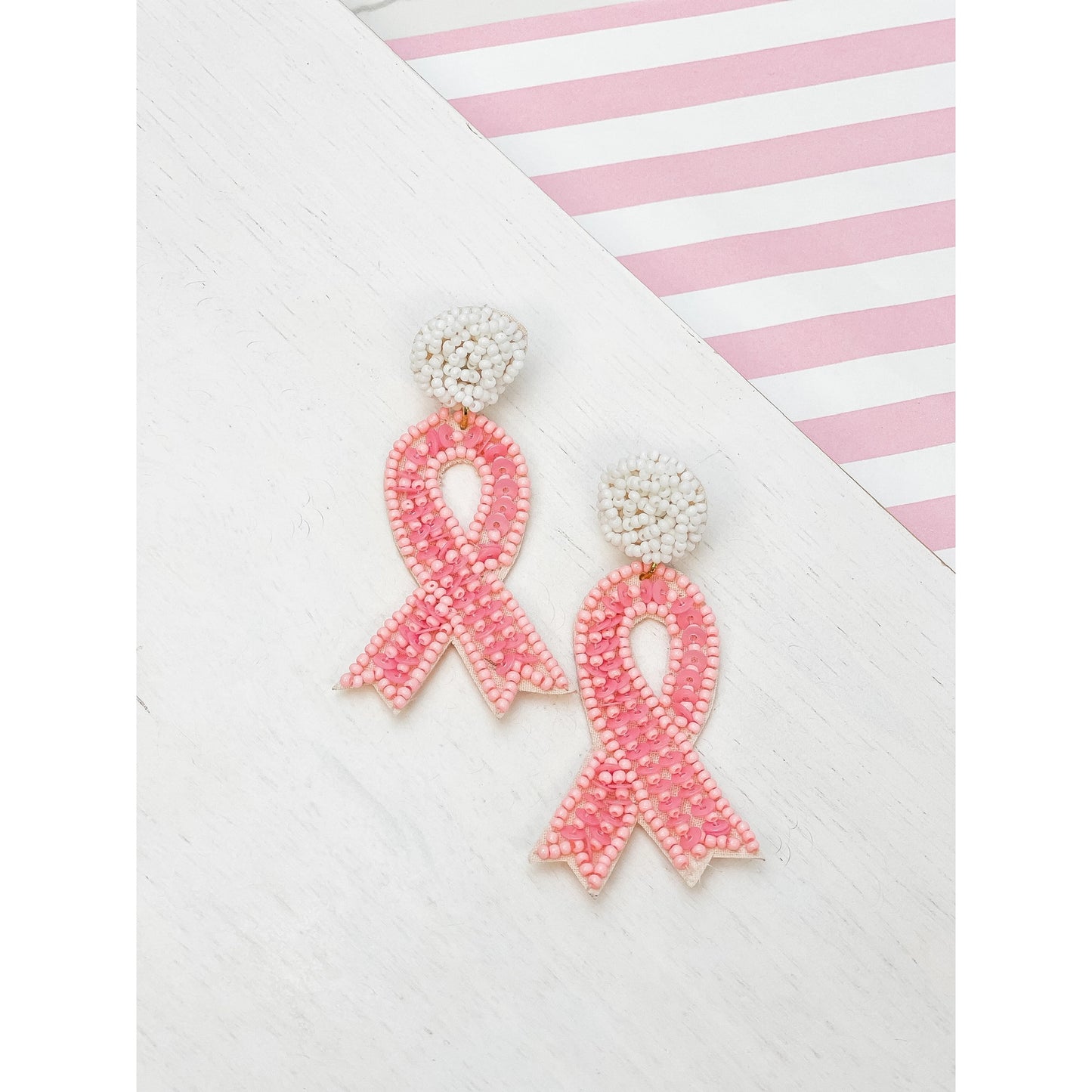 Breast Cancer Ribbon Sequin Dangle Earrings