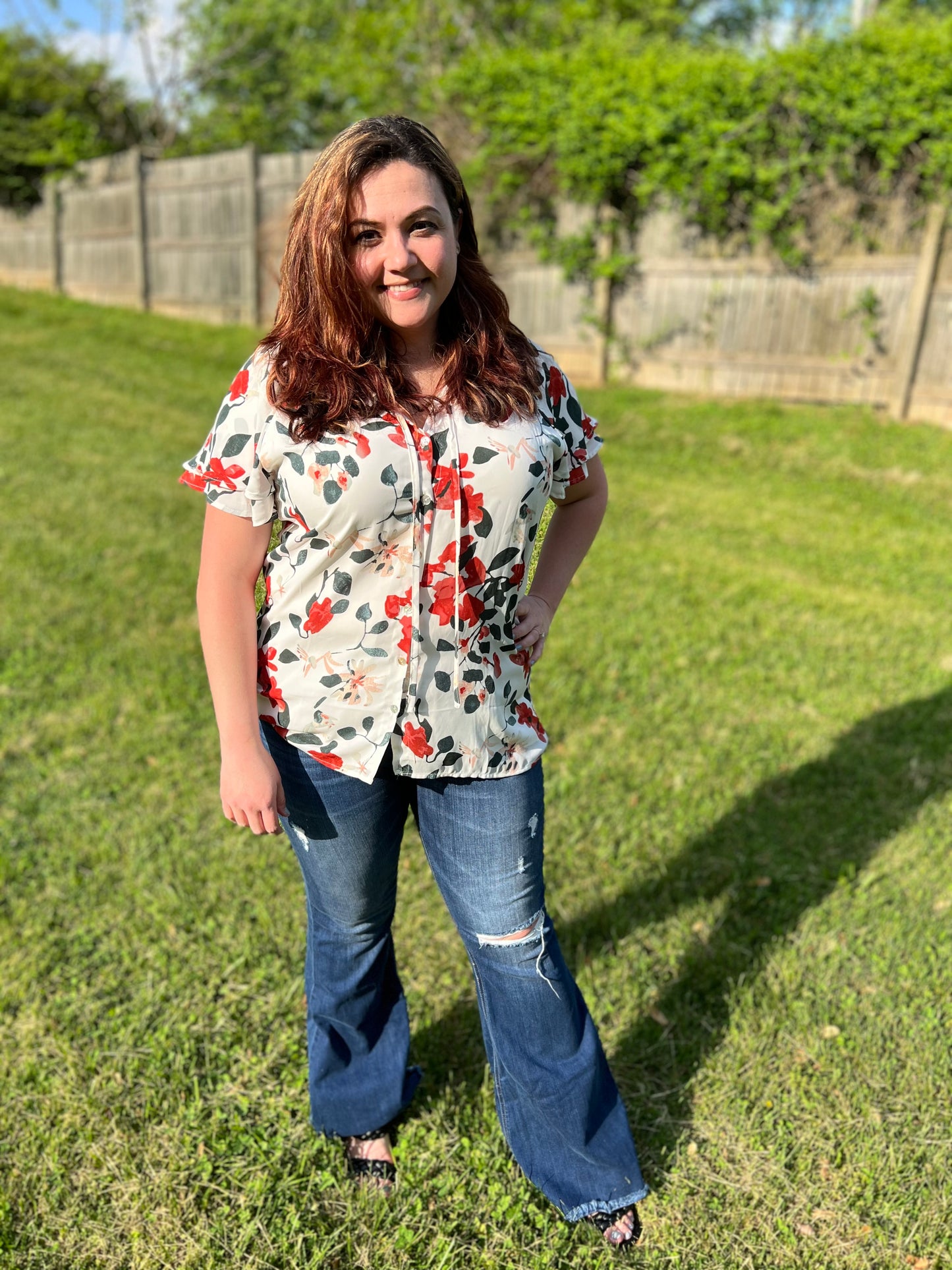 Floral Print Buttons Tiered Ruffled Short Sleeve Shirt