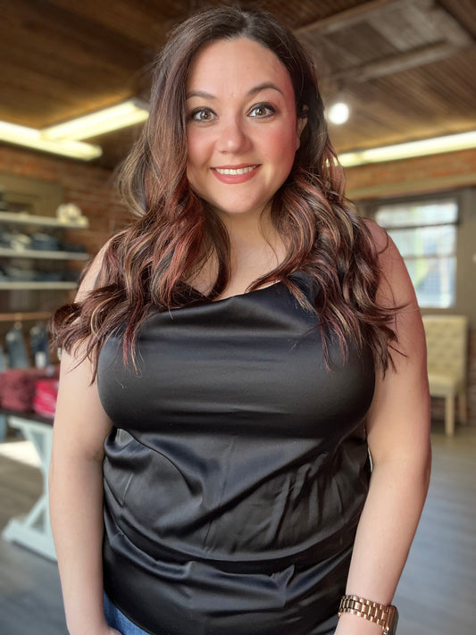 Satin Charmeuse Cowl Neck Cami Top in Black