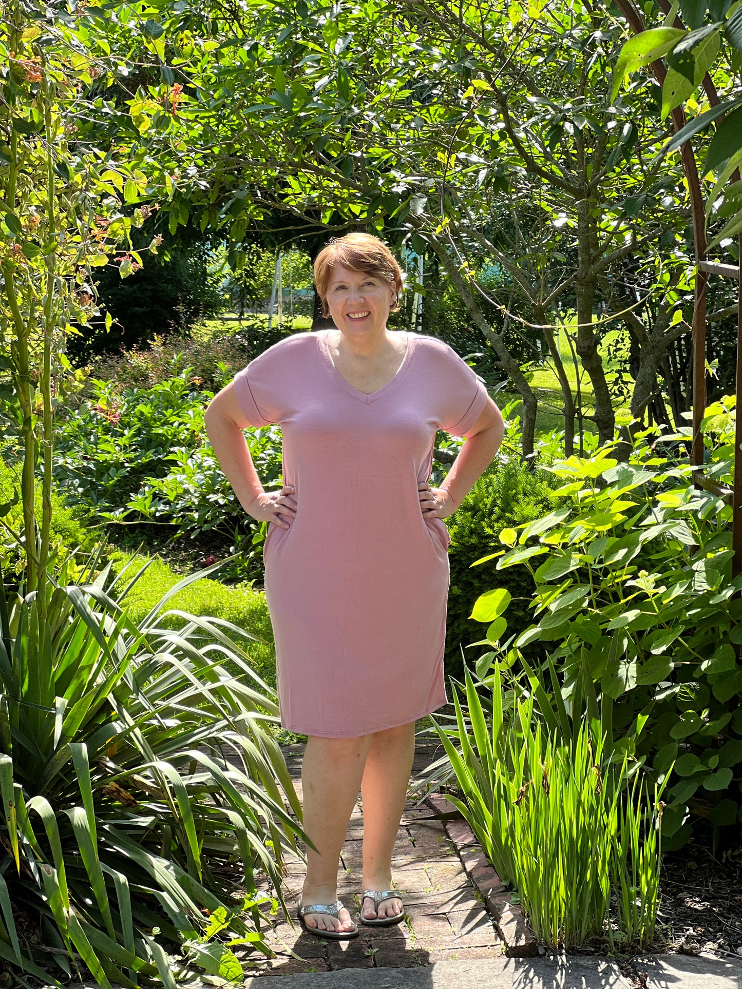 Light Rose Rolled Short Sleeve V-Neck Dress