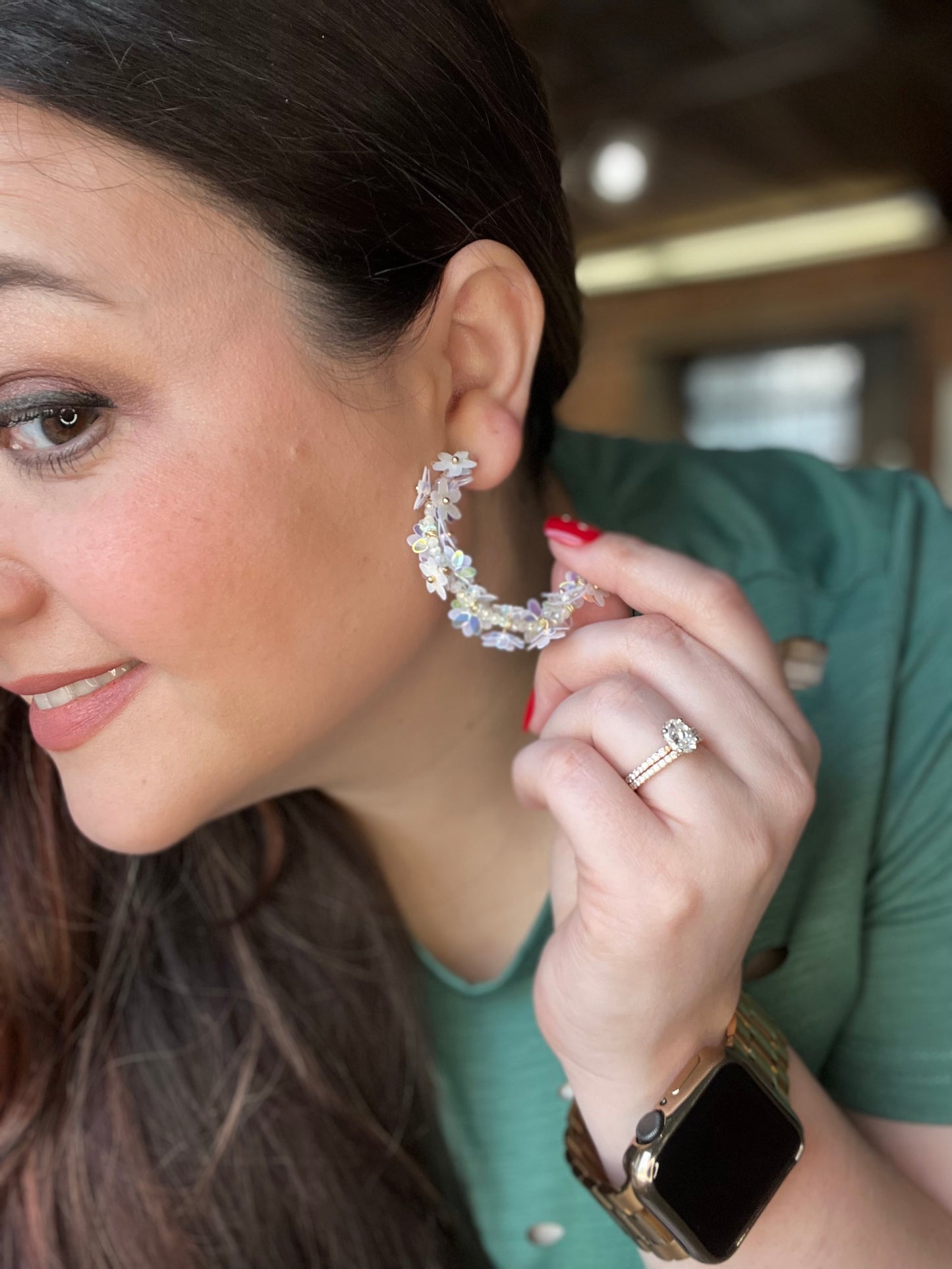 White Sequin Flower Hoop Earrings