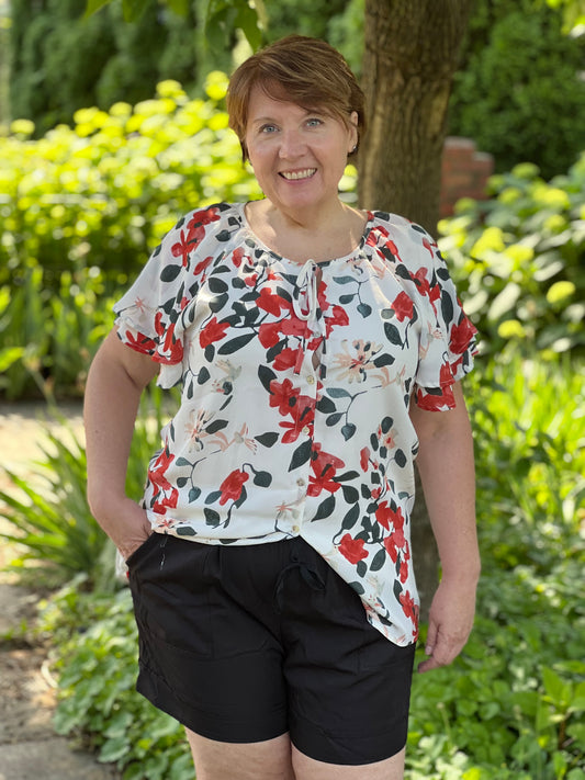 Floral Print Buttons Tiered Ruffled Short Sleeve Shirt