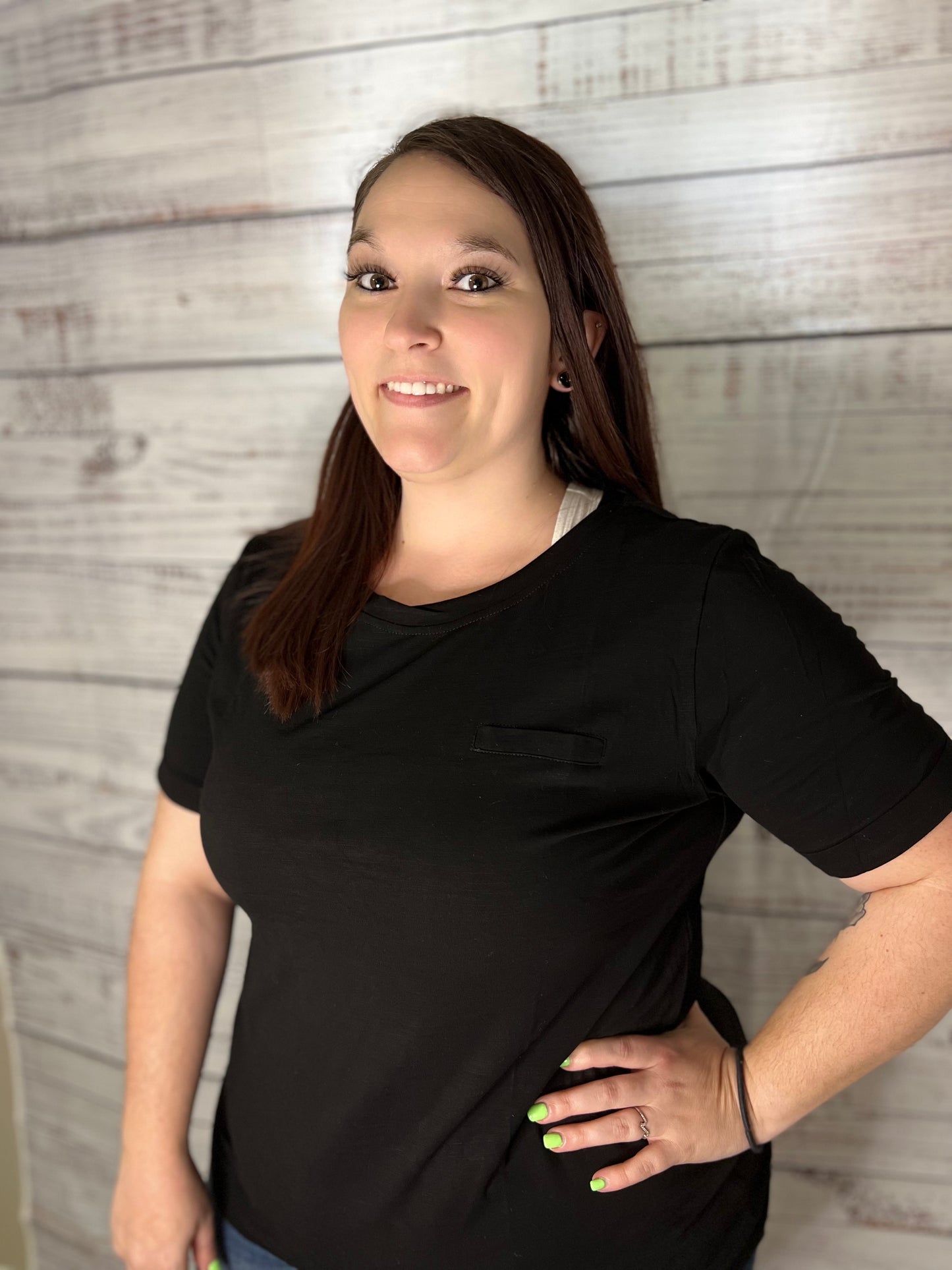 Black Solid Color Rolled Short Sleeve T-Shirt