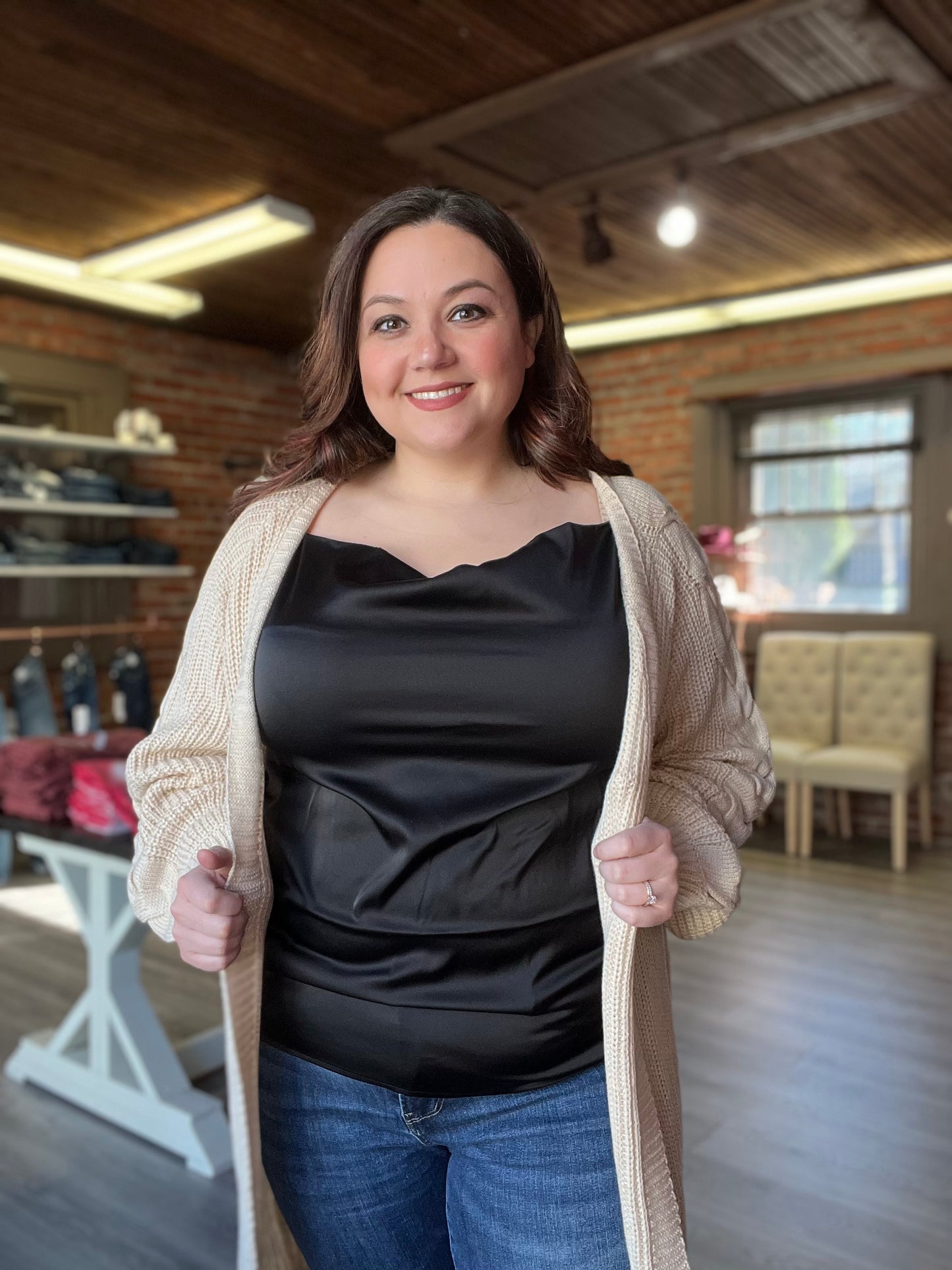 Satin Charmeuse Cowl Neck Cami Top in Black