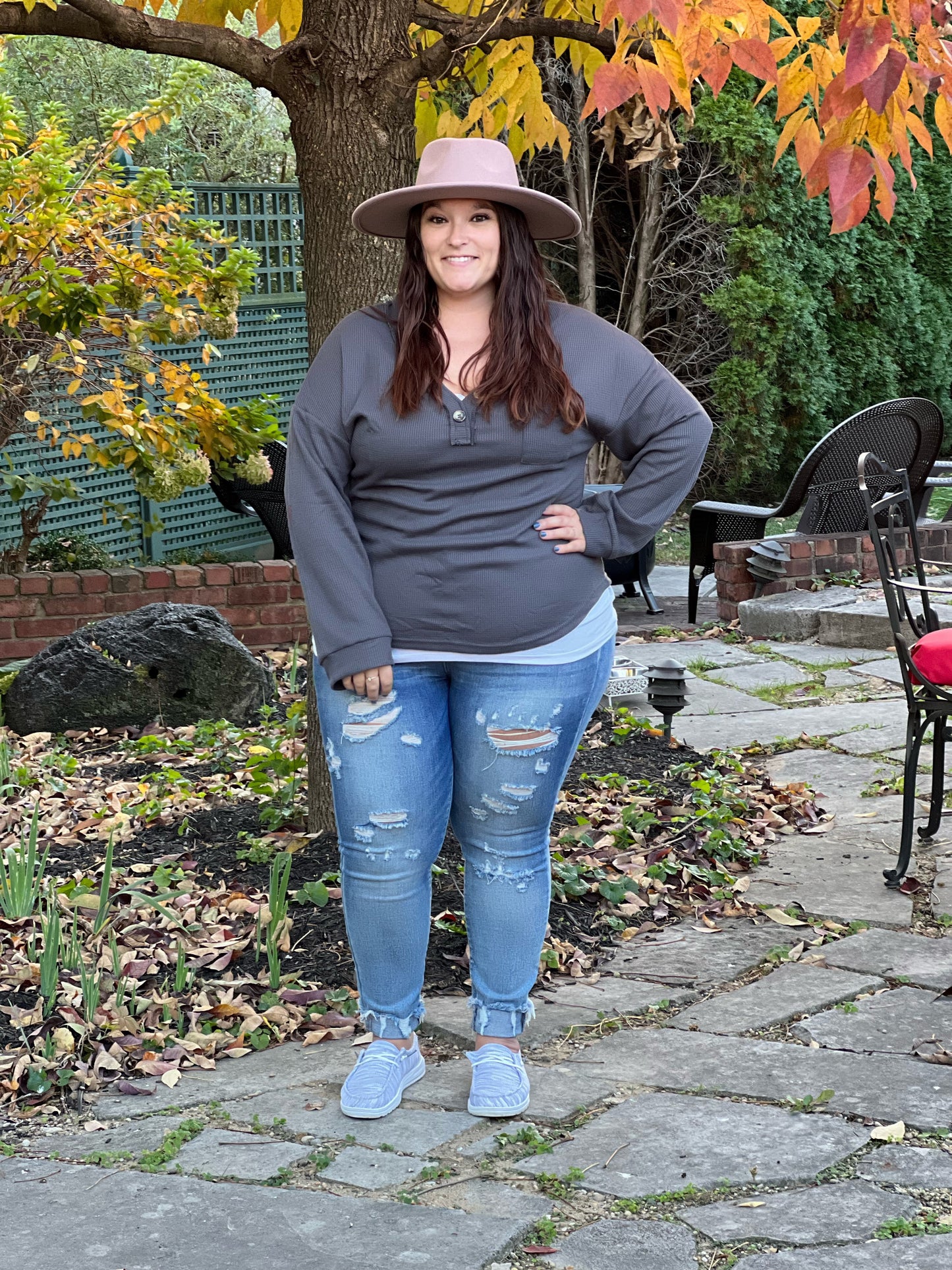 Charcoal V-Neck Waffled Top