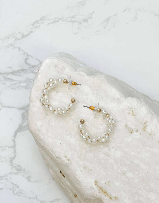 Pearl Cluster Hoop Earrings in Gold