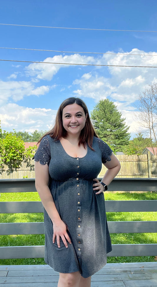 Gray Button Front V-Neck Dress