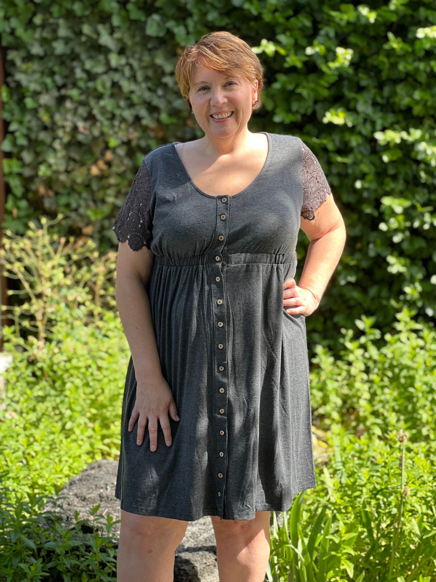 Gray Button Front V-Neck Dress