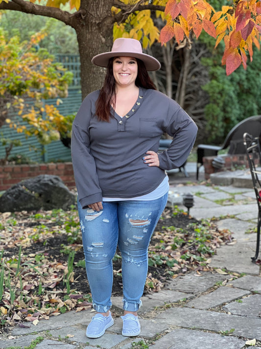 Charcoal V-Neck Waffled Top