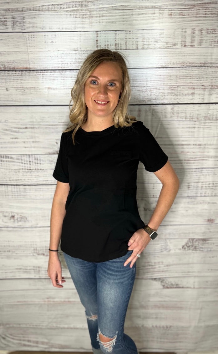 Black Solid Color Rolled Short Sleeve T-Shirt