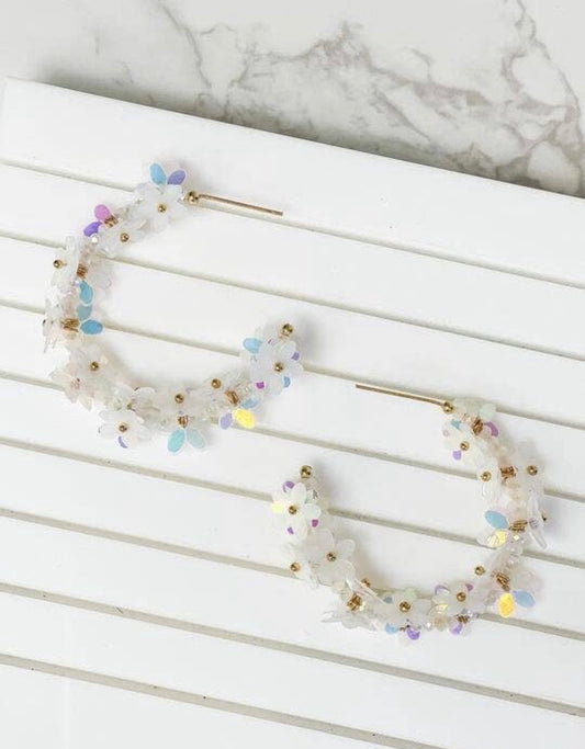 White Sequin Flower Hoop Earrings