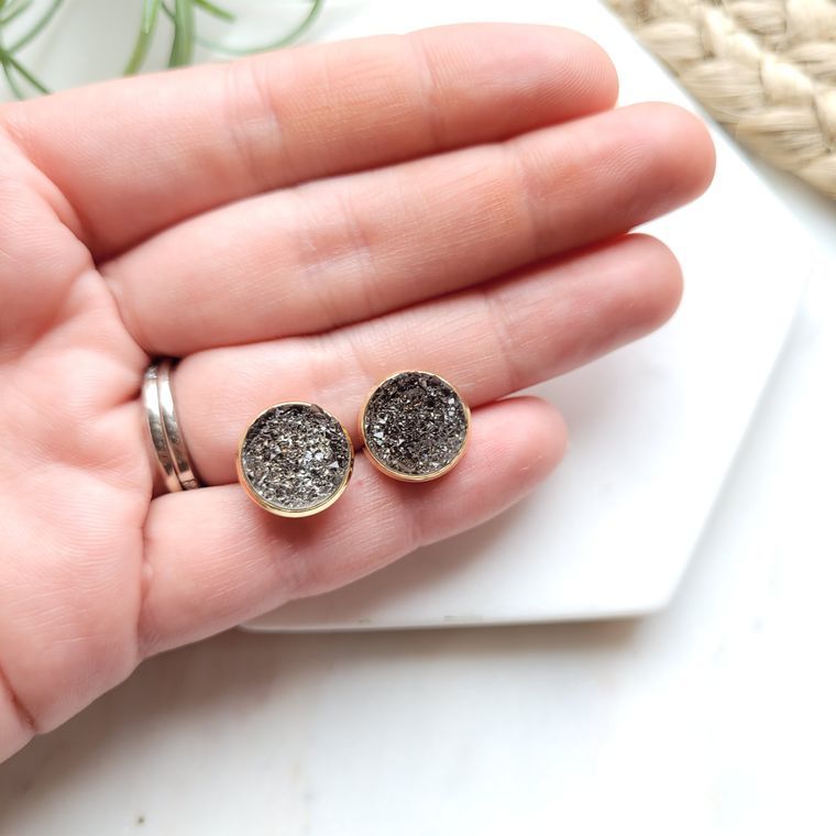 Charcoal Grey Geode Druzy Studs