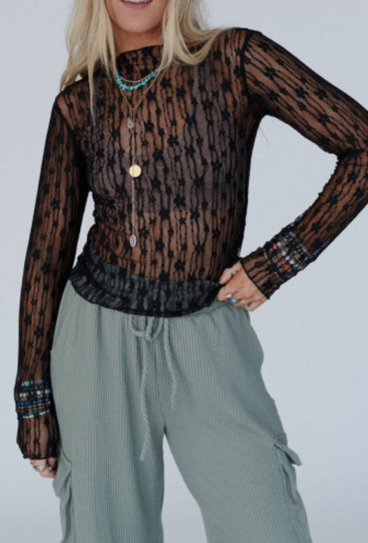 Black Sheer Floral Lace Long Sleeve Slim Fit Top