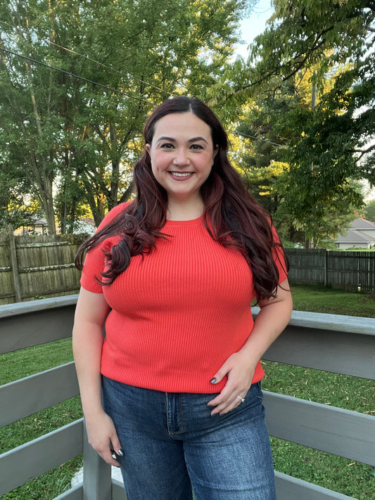 “Vermilion Mum” Short Sleeve Sweater