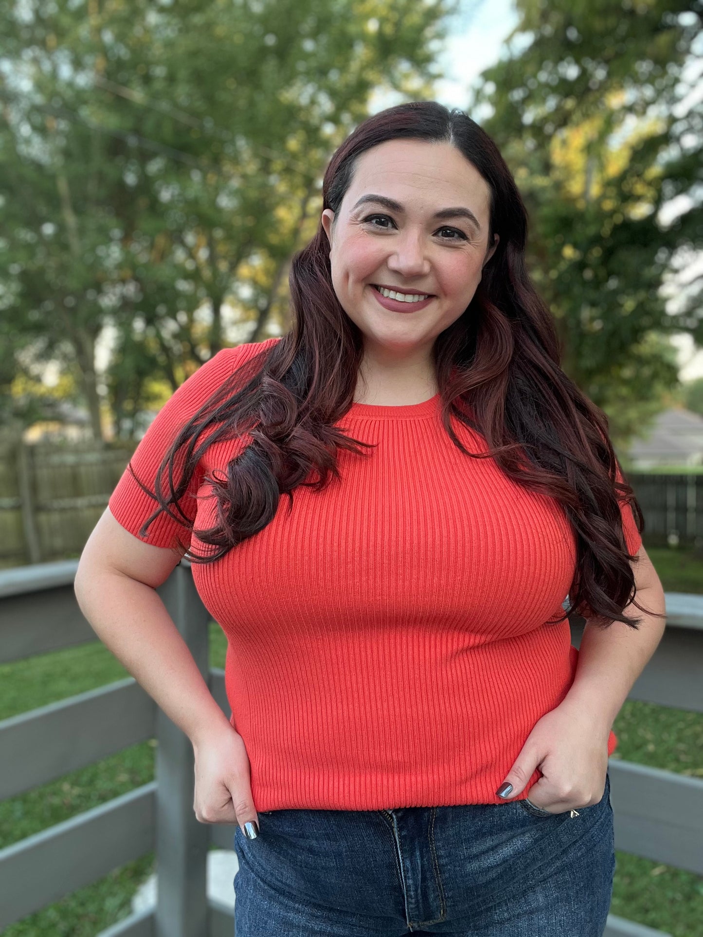 “Vermilion Mum” Short Sleeve Sweater