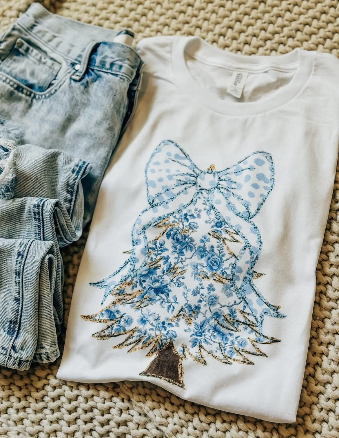 Blue Floral Christmas Tree with Bow Tee