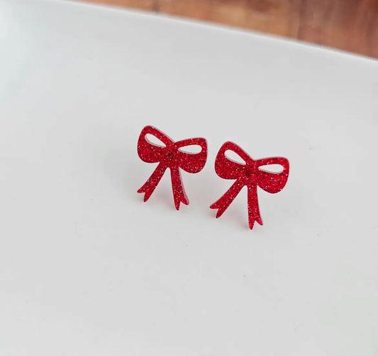 Red Glitter Bow Studs