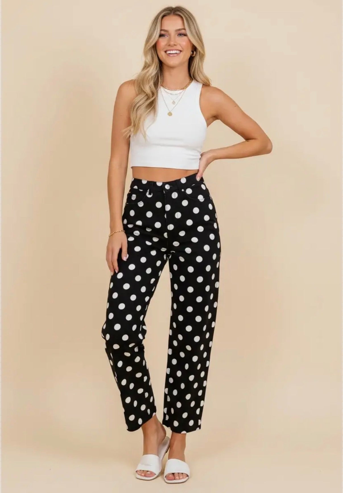 Black Polka Dot High Rise Straight Leg Pants