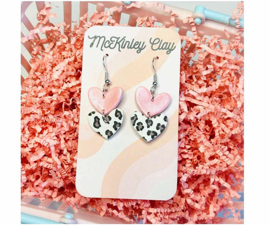 Pink & Leopard Heart Dangle Earrings