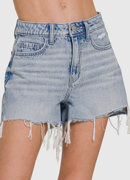 Distressed Hem Light Denim Shorts