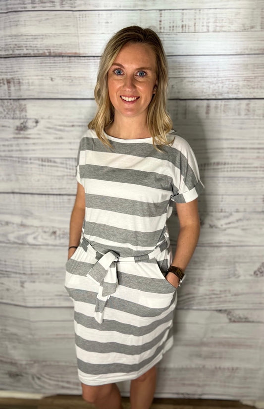 Striped Pocketed T-shirt Dress with Belt