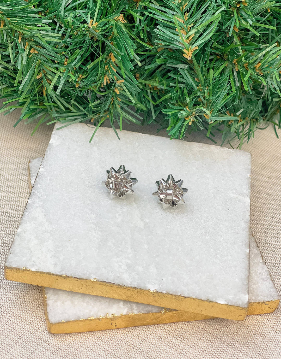 Silver Metallic Present Bow Stud Earrings