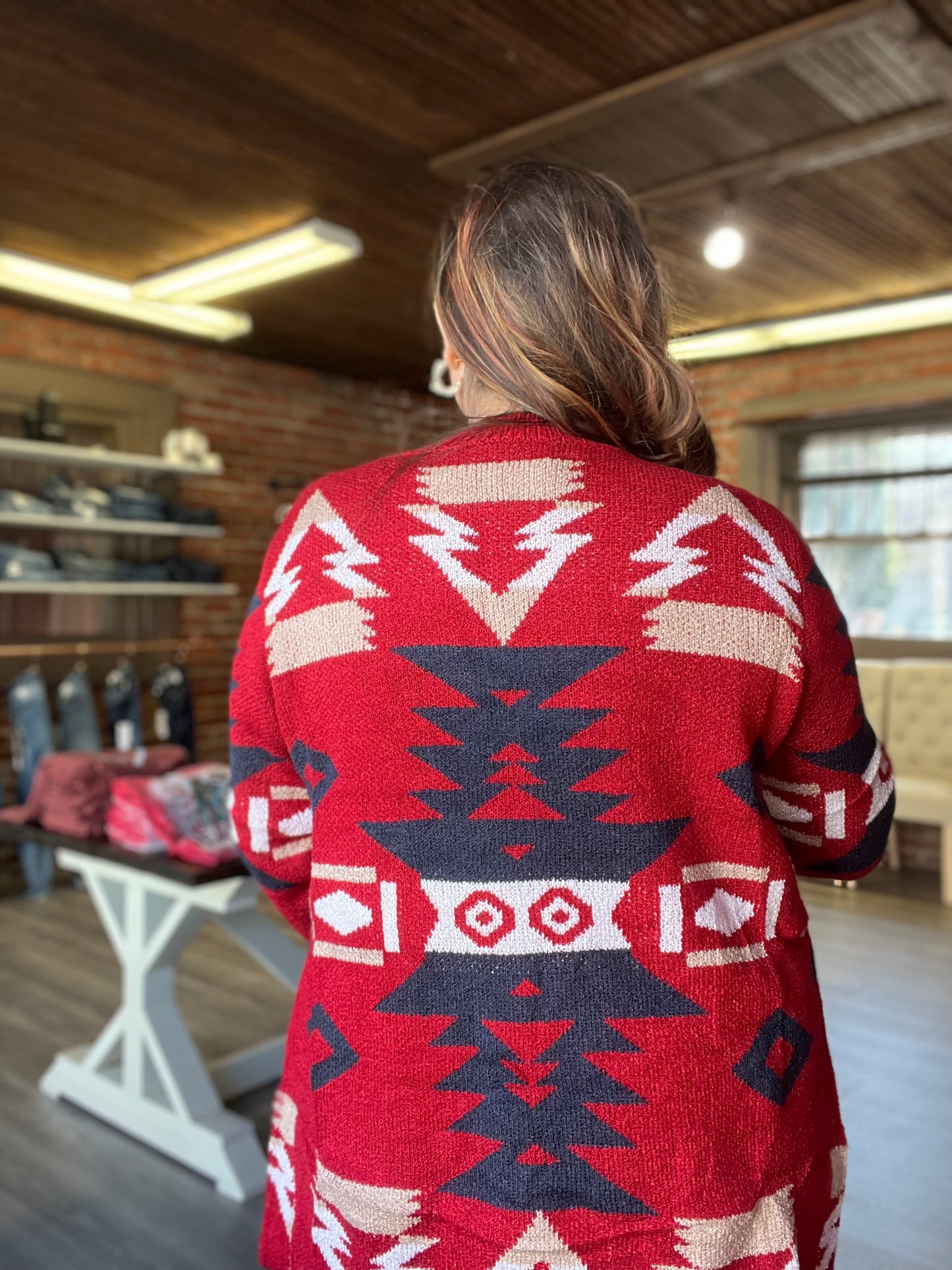 Red Pocketed Aztec Cardigan