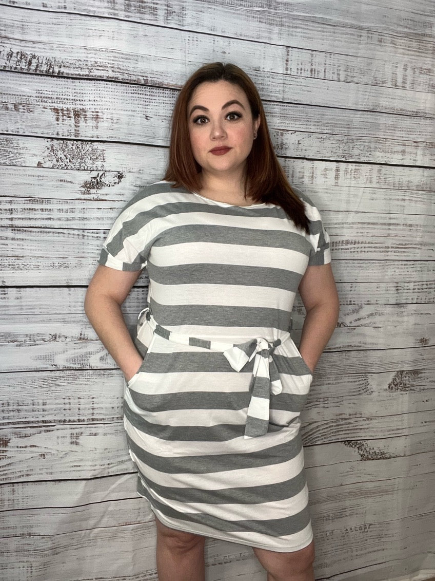 Striped Pocketed T-shirt Dress with Belt