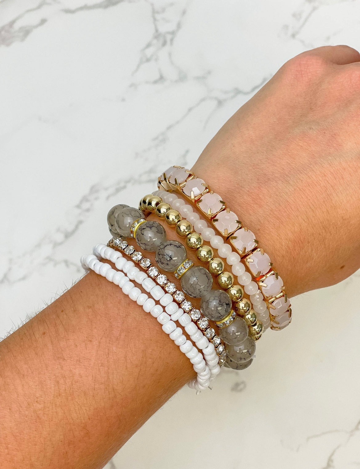 Glitzy Gold Bead and Stone Stretch Bracelet Stacks