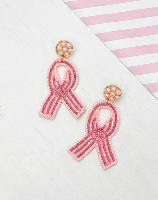 Breast Cancer Ribbon Beaded Dangle Earrings | Pearl Post