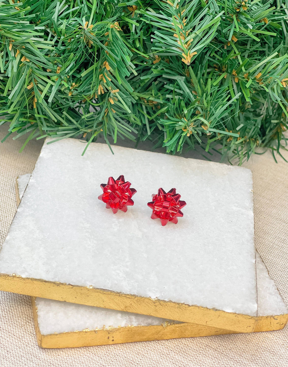 Red Metallic Present Bow Stud Earrings