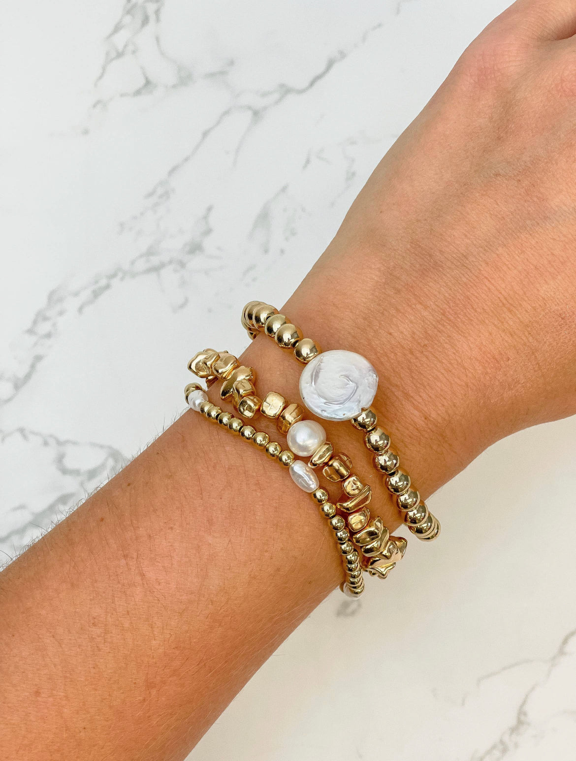 Gold and Pearl Beaded Stretch Bracelet Set